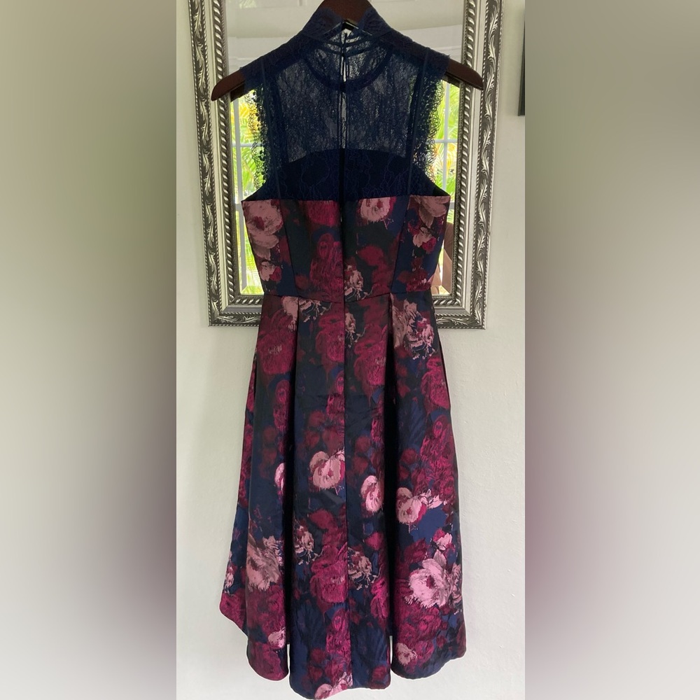 Floral Lace Fit-and-Flare Dress in Navy and Burgundy